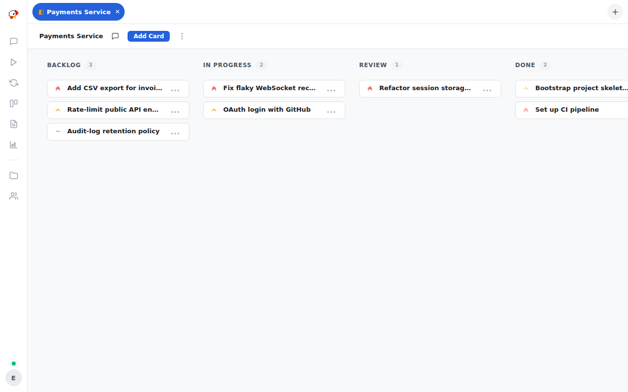 A project board with cards spread across Backlog, In Progress, Review, and Done columns