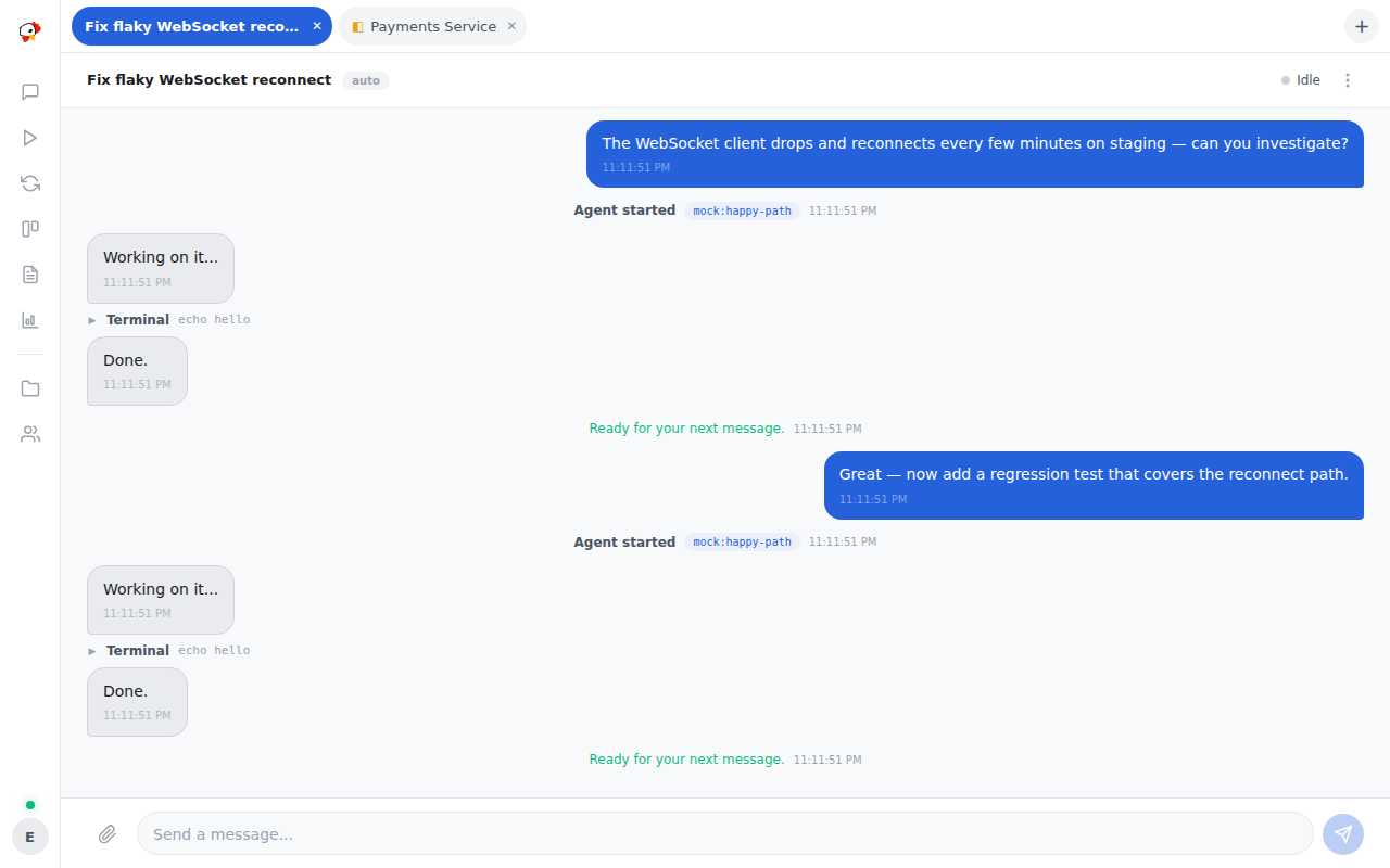 Chat view of a session showing user messages, agent replies, and a collapsed tool call