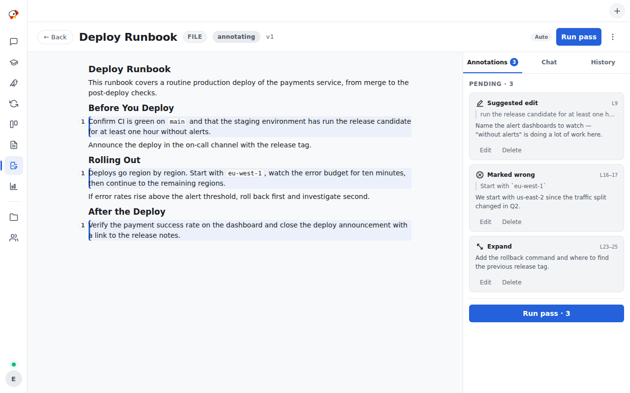 The review screen with a markdown document on the left and annotations with resolution notes in a rail on the right
