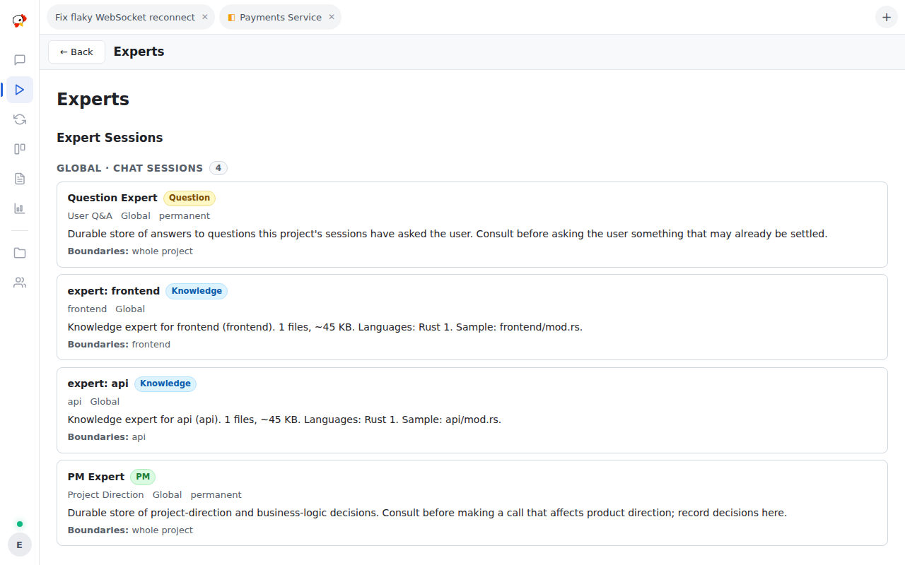 Experts view listing expert sessions grouped by scope, with Question, Knowledge, and PM badges