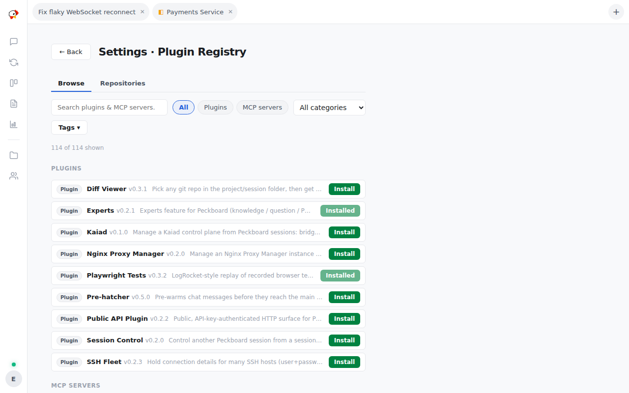 The plugin registry's Browse tab listing installable plugins and MCP server templates, with search and filters