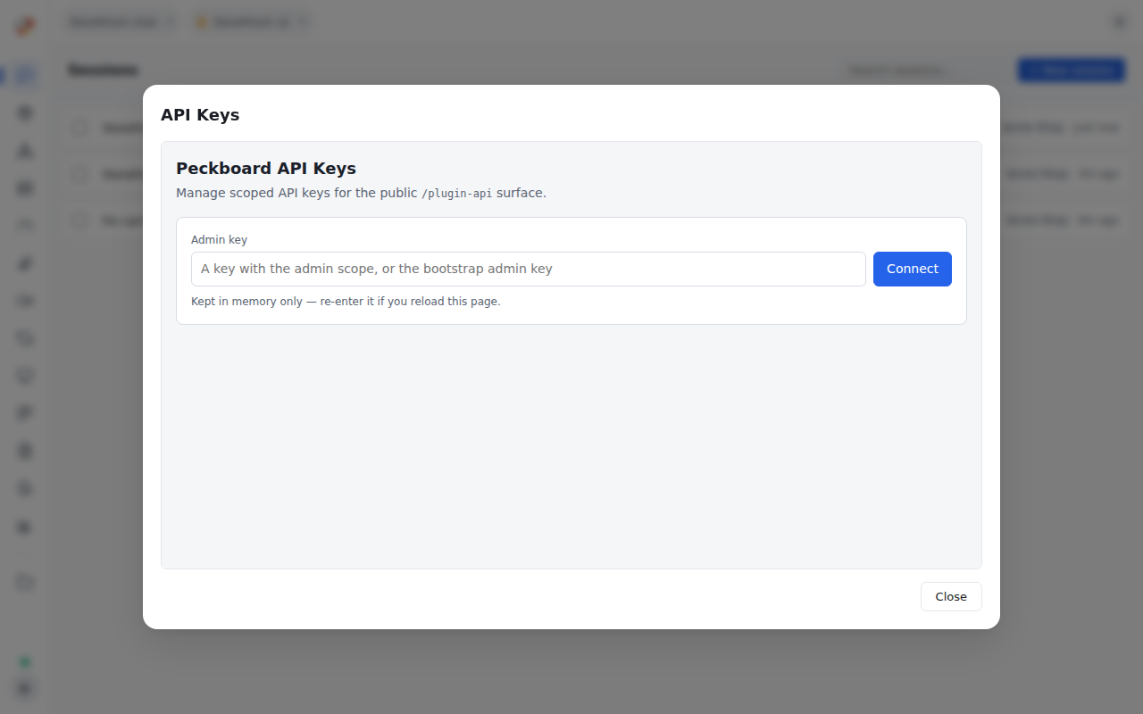 The API Keys panel: existing keys with masked values and scopes, and the create form