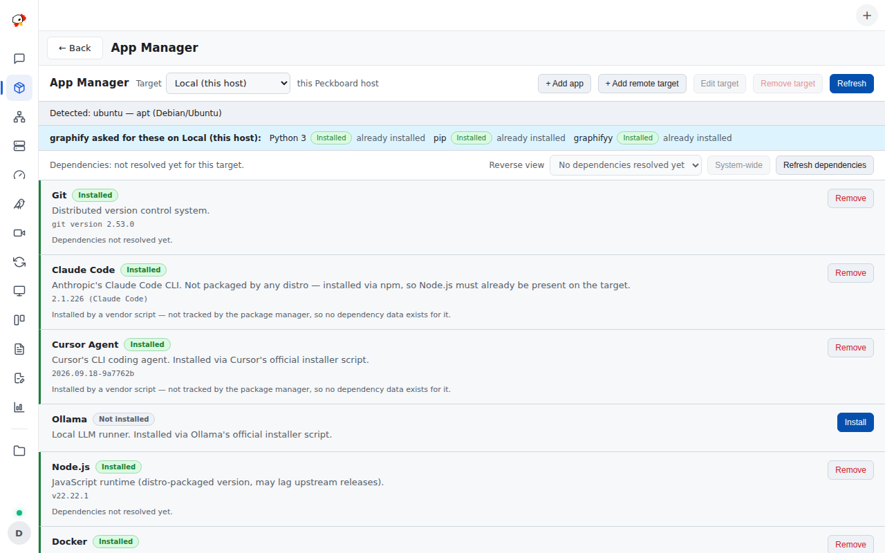 The App Manager request bar: another plugin asked for python3, pip, and graphifyy, each with its state and an Install button