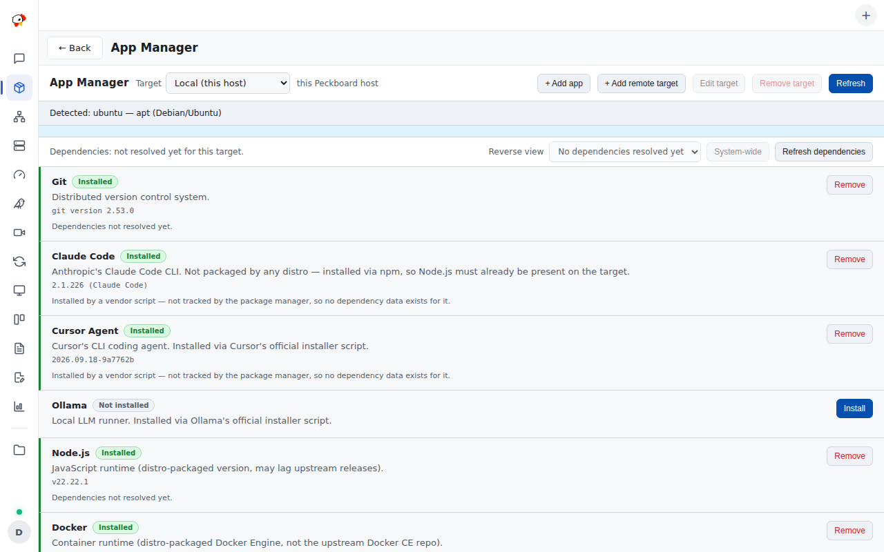 The App Manager dashboard: the app grid with installed states and versions, a target picker, and the dependency bar
