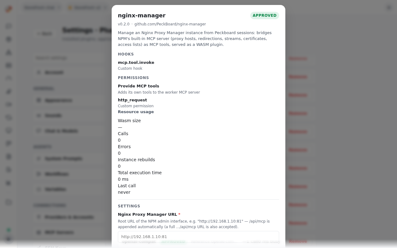 A plugin's details in Settings → Plugins, with its settings form, requested permissions, and approval state