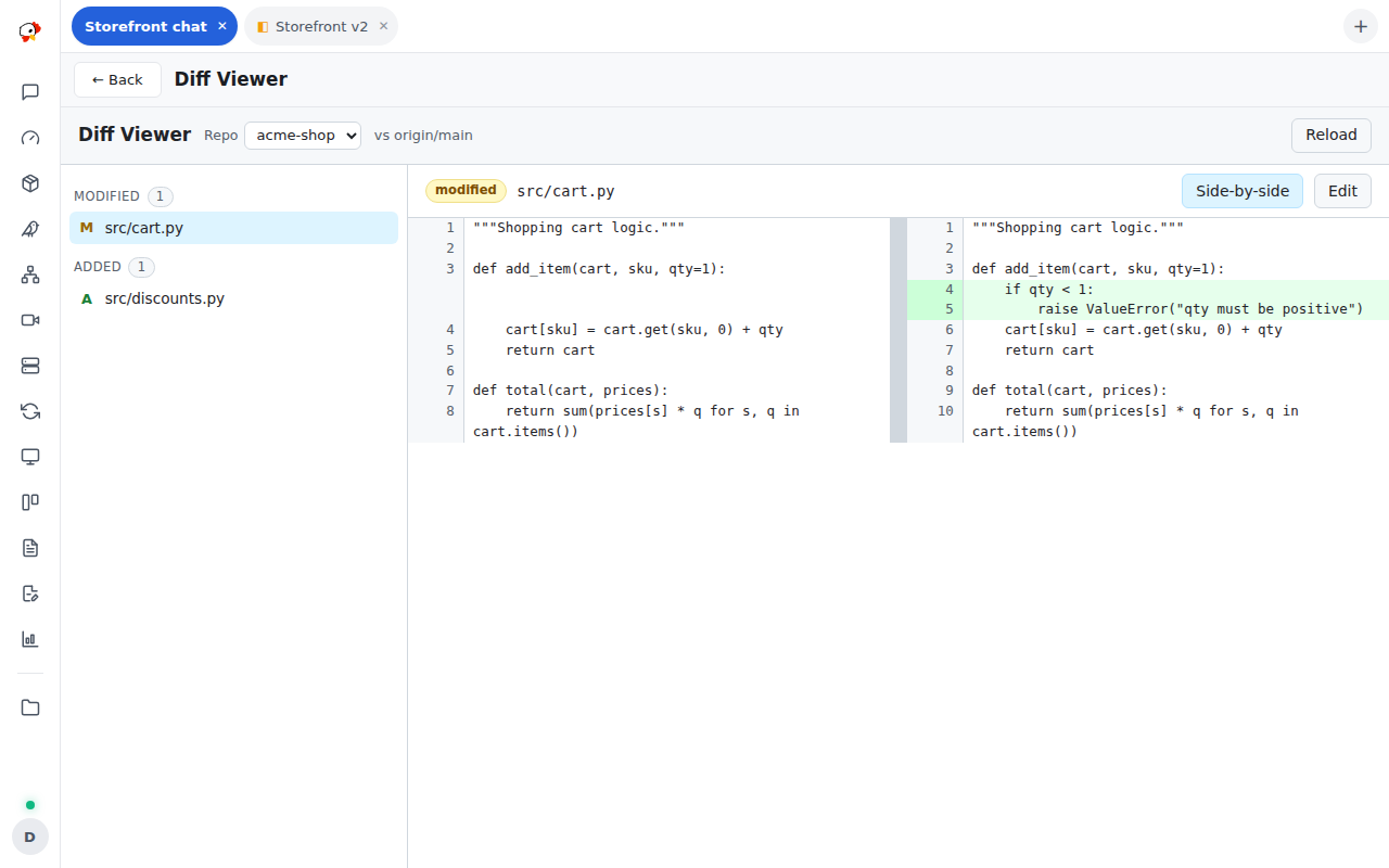 The Diff Viewer: a repo's changed files listed on the left, one file open side by side against origin/main