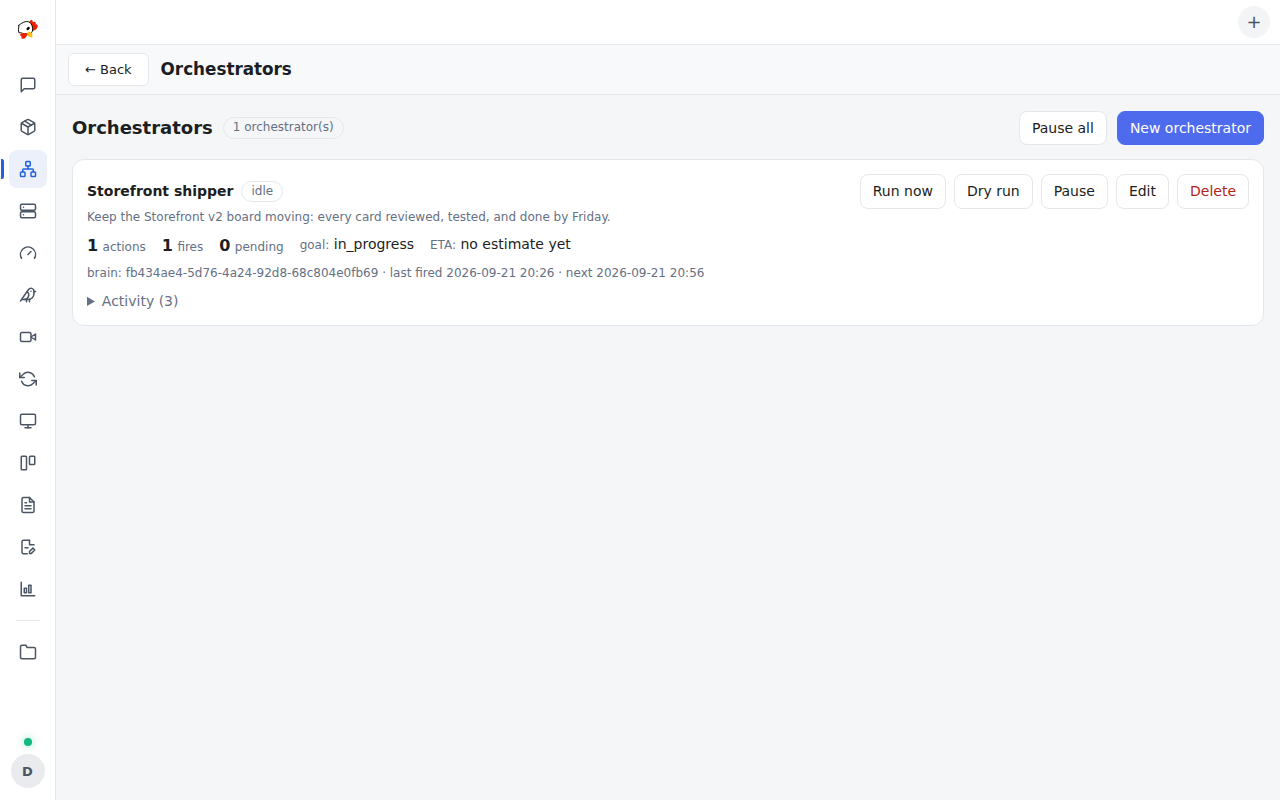 The Orchestrators page with a configured orchestrator, its goal, triggers, and activity feed