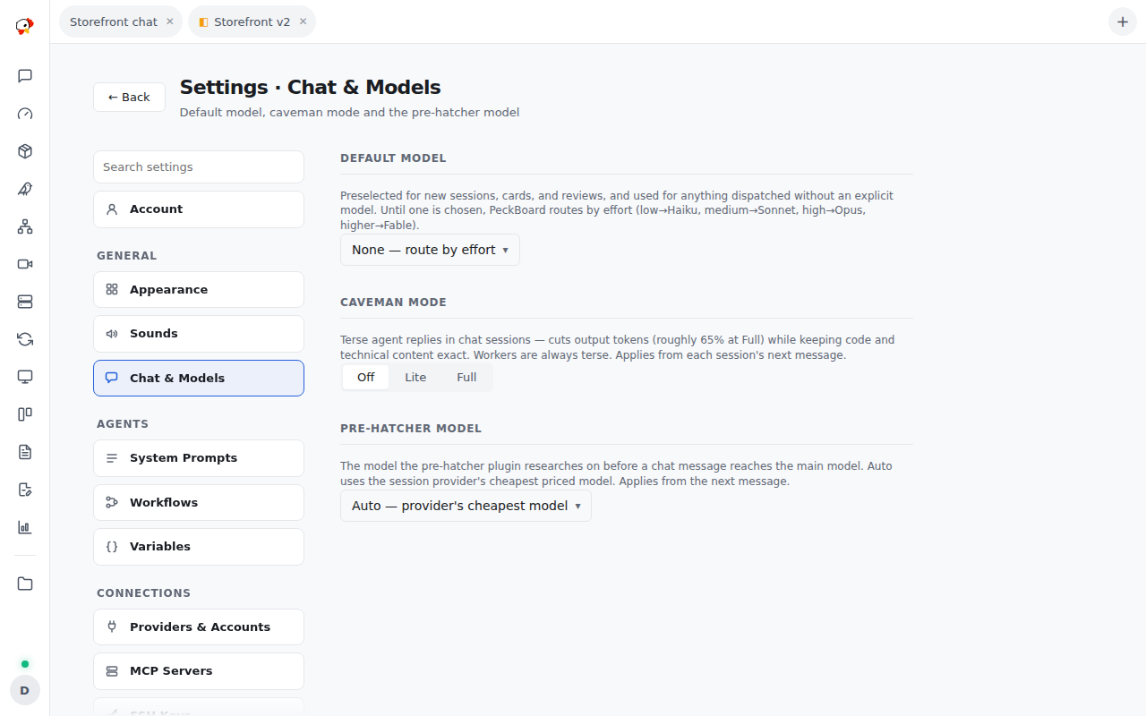Settings → Chat & Models with the pre-hatcher model setting, alongside the default model and caveman mode
