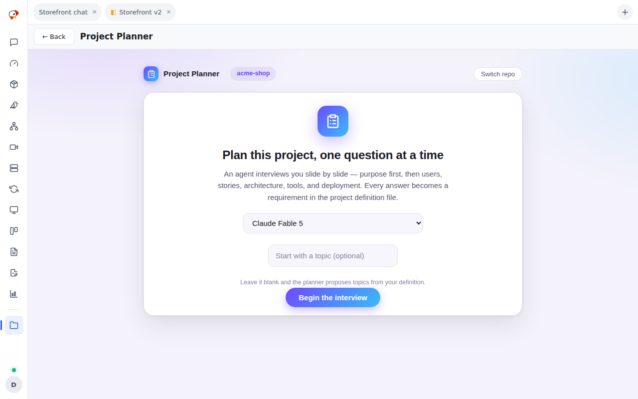 The Project Planner start slide: a model picker, an optional topic field, and the Begin the interview button