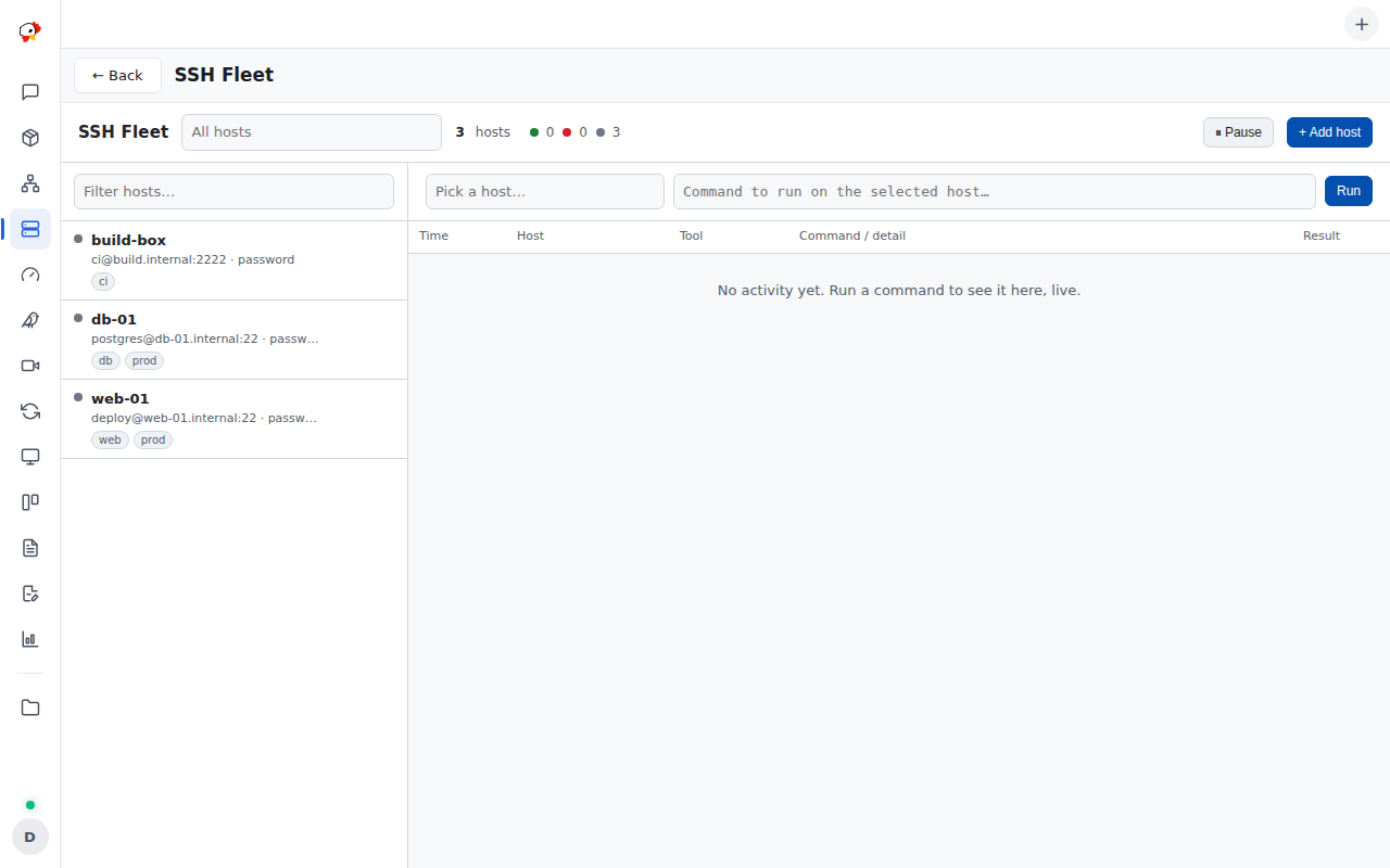The SSH Fleet dashboard: a searchable host list with status dots and credentials, and the live activity feed