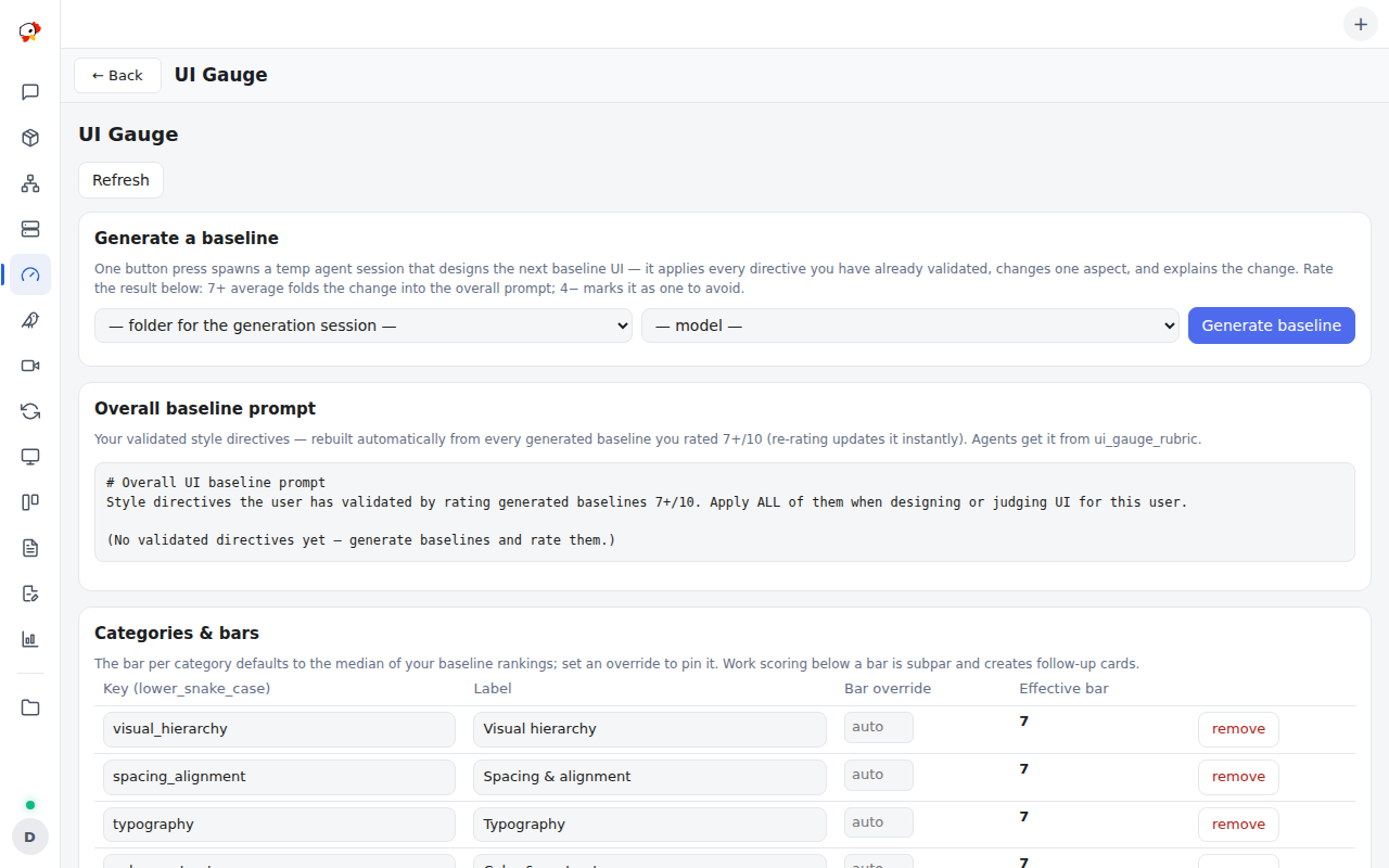 The UI Gauge page: the generate controls, the overall baseline prompt, editable categories with bars, and the baseline gallery