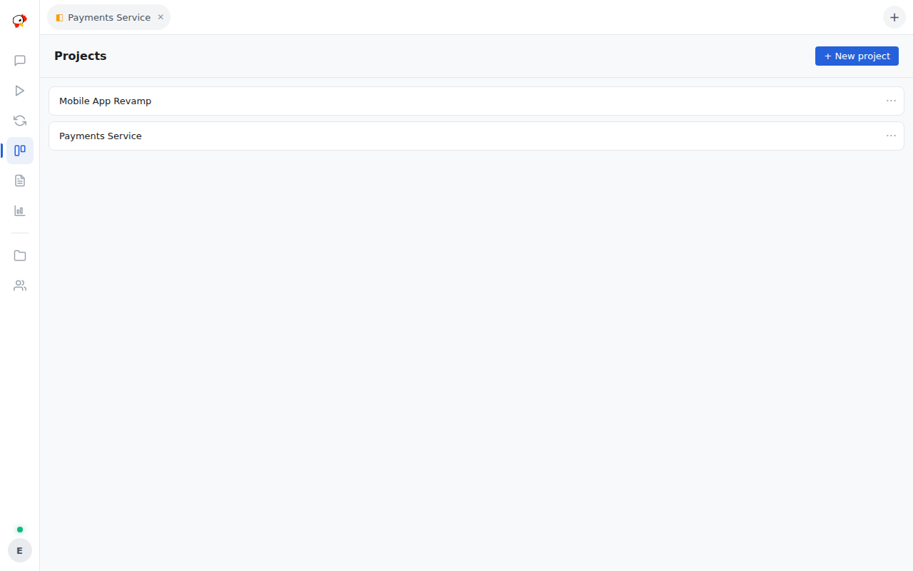 The Projects view listing two projects, with a button to create a new one