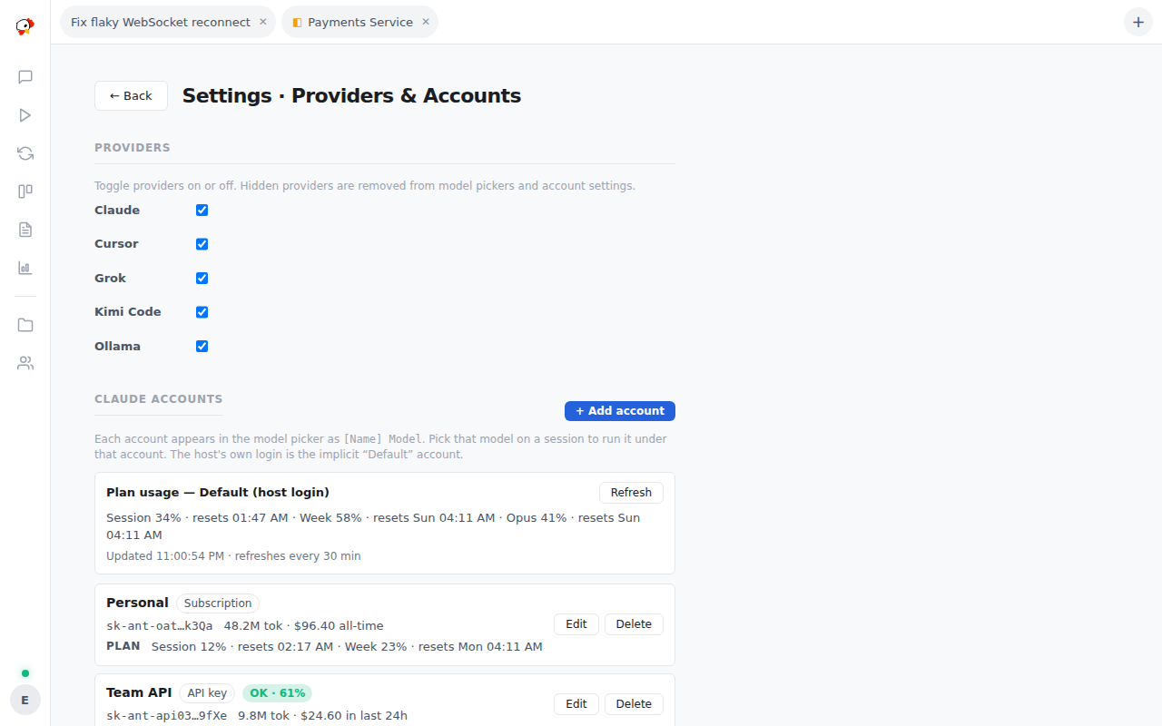 Settings page with provider on/off toggles, Claude plan usage, and two signed-in accounts with spend and budget badges
